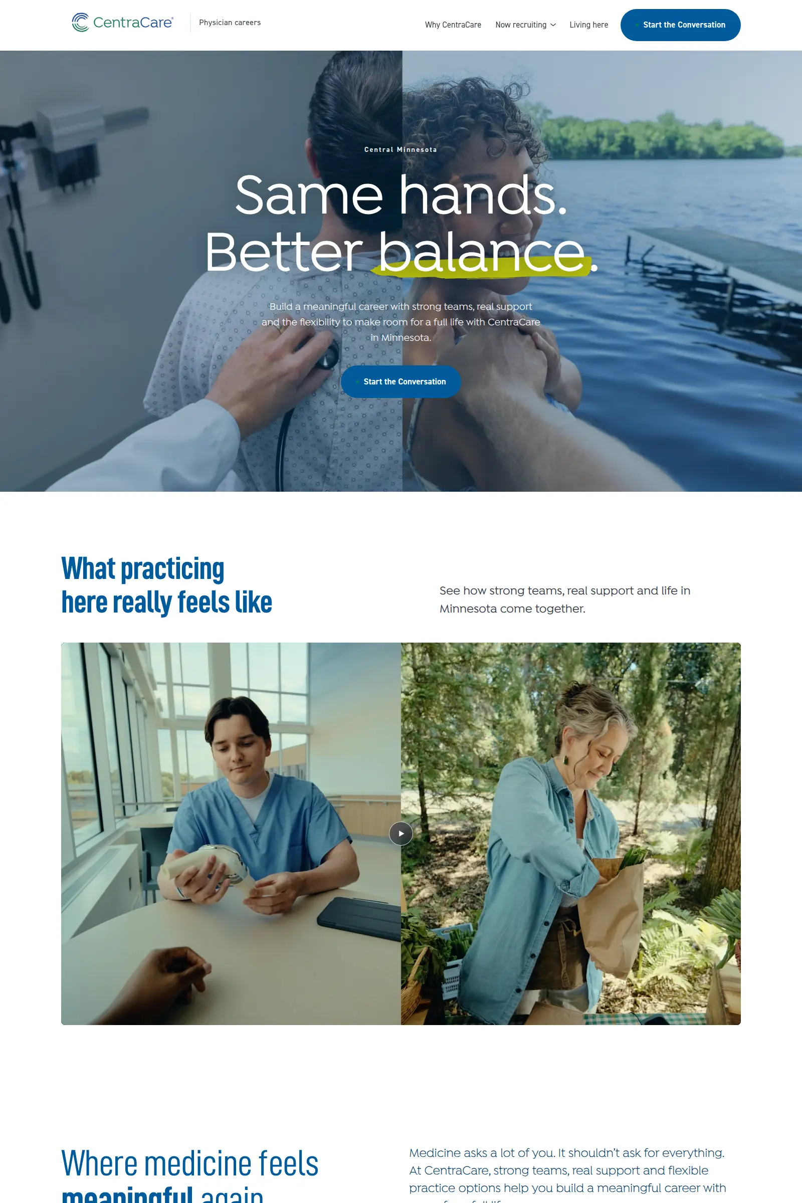 The campaign line, one call to action, and physicians on camera before any copy about the organisation.