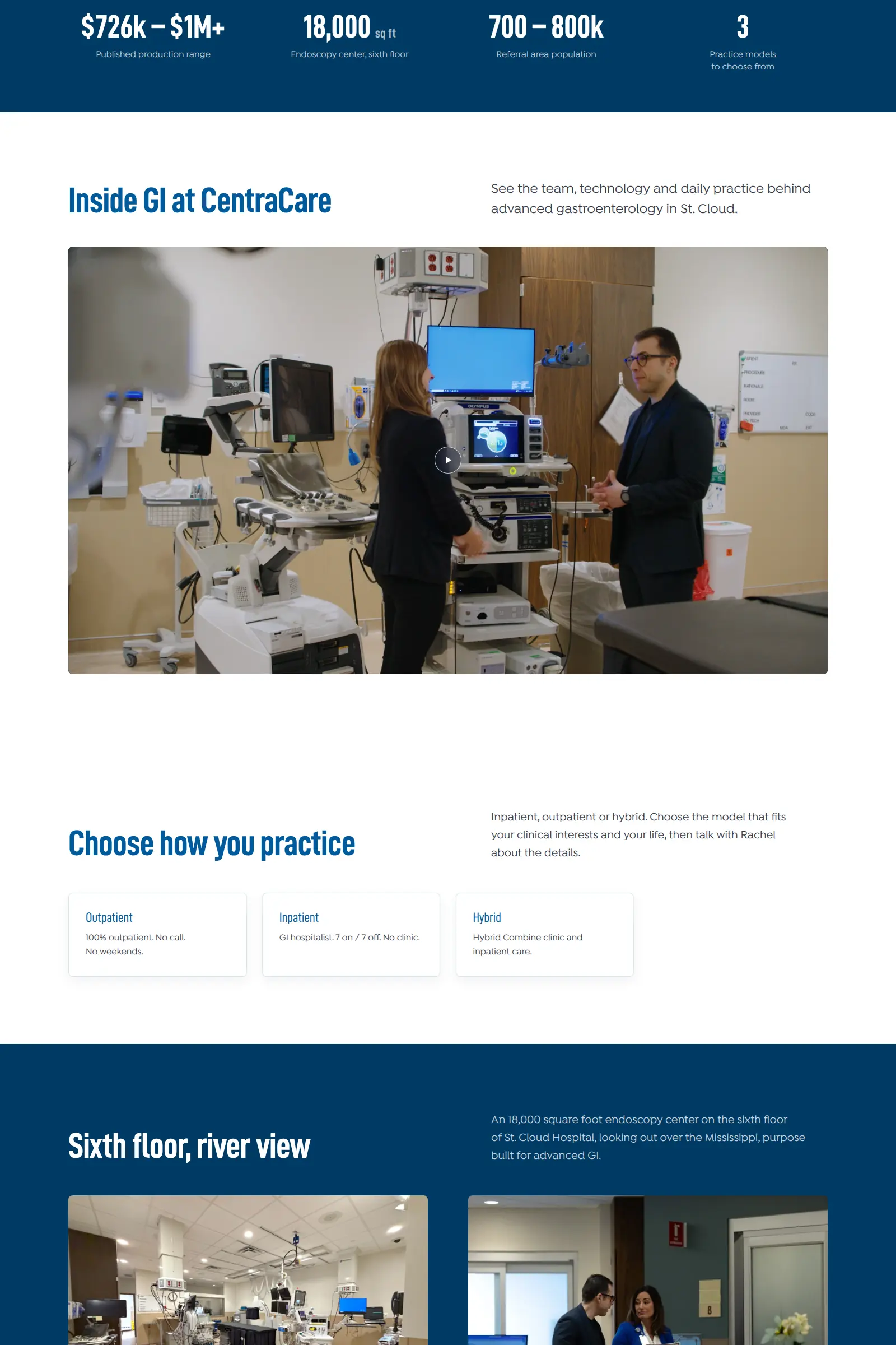A specialty page leads with the numbers that matter to that specialty, then the facility and the practice models on offer.