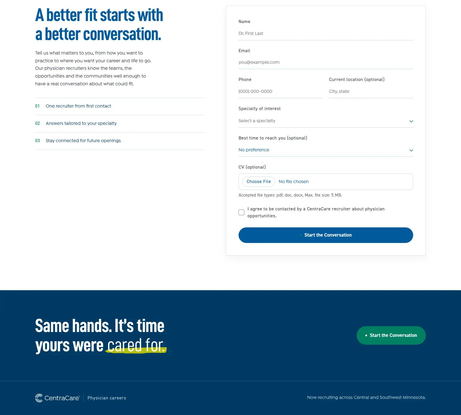 Start the Conversation: three required fields, the rest optional, and what happens next spelled out beside it.
