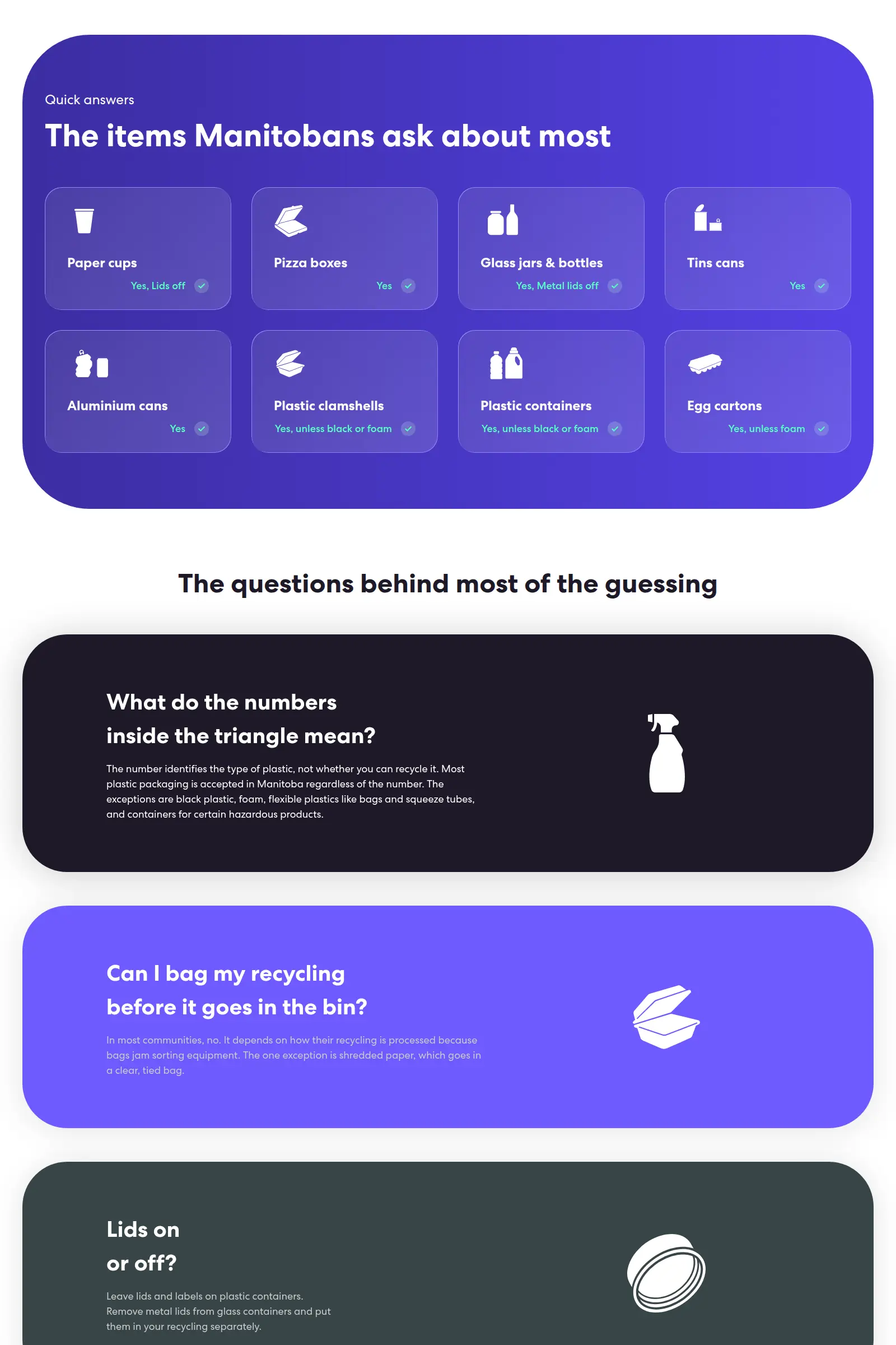Recyclepedia: the items Manitobans ask about most as one-tap answers, then the questions behind most of the guessing.